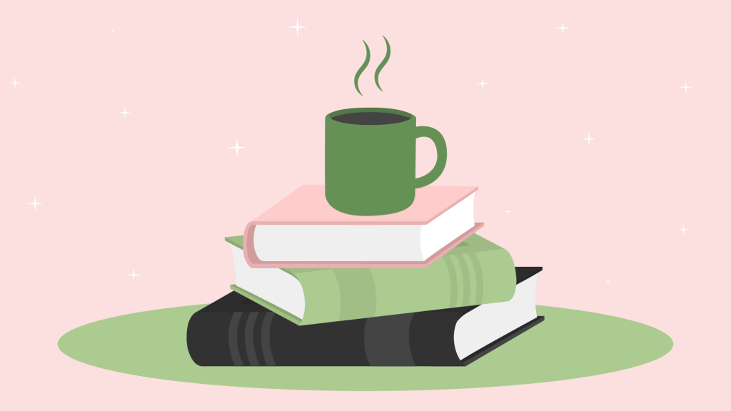 Illustration eines Bücherstapels mit einer Tasse Kaffee