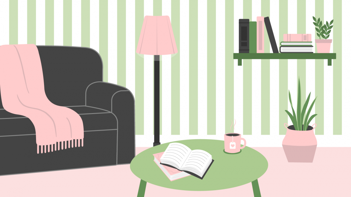 Illustration eines Wohnzimmers mit Sofa, Beistelltisch, Stehlampe und Regal. Auf dem Beistelltisch befinden sich Bücher und eine Tasse Kaffee. Auf dem Regal sind weitere Bücher zu sehen