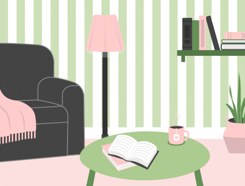 Illustration eines Wohnzimmers mit Sofa, Beistelltisch, Stehlampe und Regal. Auf dem Beistelltisch befinden sich Bücher und eine Tasse Kaffee. Auf dem Regal sind weitere Bücher zu sehen