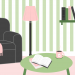 Illustration eines Wohnzimmers mit Sofa, Beistelltisch, Stehlampe und Regal. Auf dem Beistelltisch befinden sich Bücher und eine Tasse Kaffee. Auf dem Regal sind weitere Bücher zu sehen