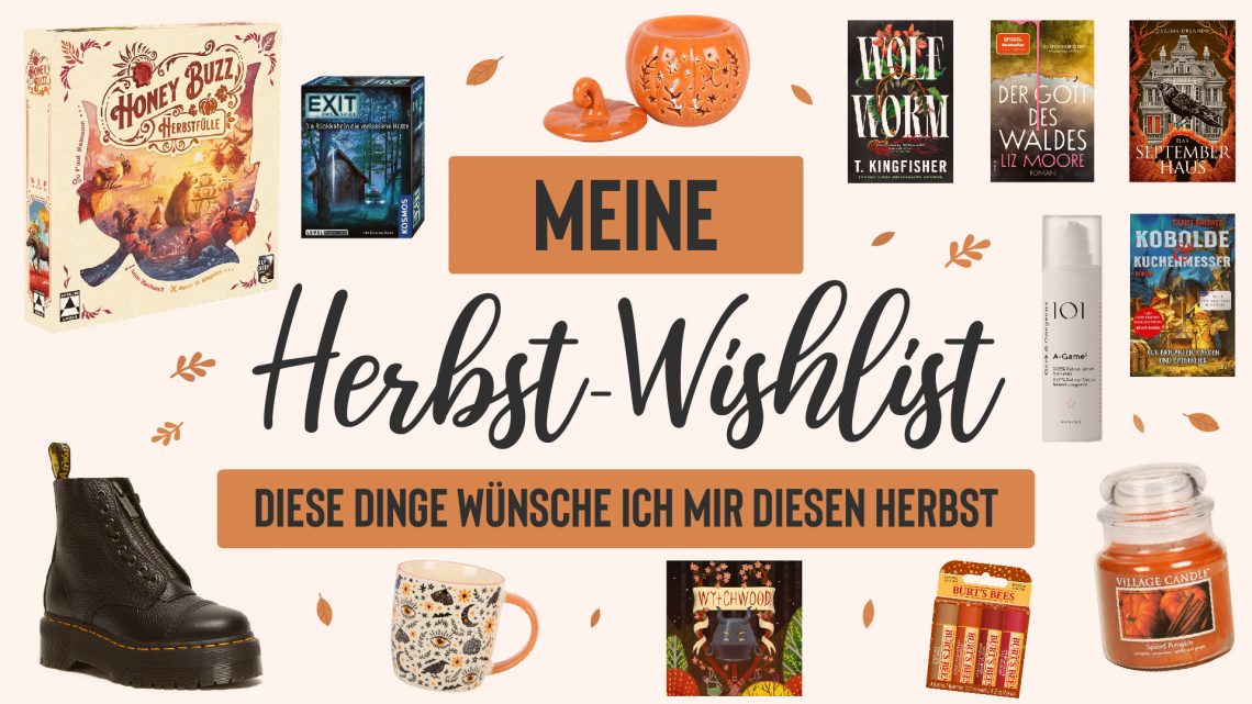 Herbst-Wishlist Collage mit verschiedenen Produkten aus den Bereichen Homeware, Bücher, Videospiele, Gesellschaftsspiele, Beauty und Lifestyle.