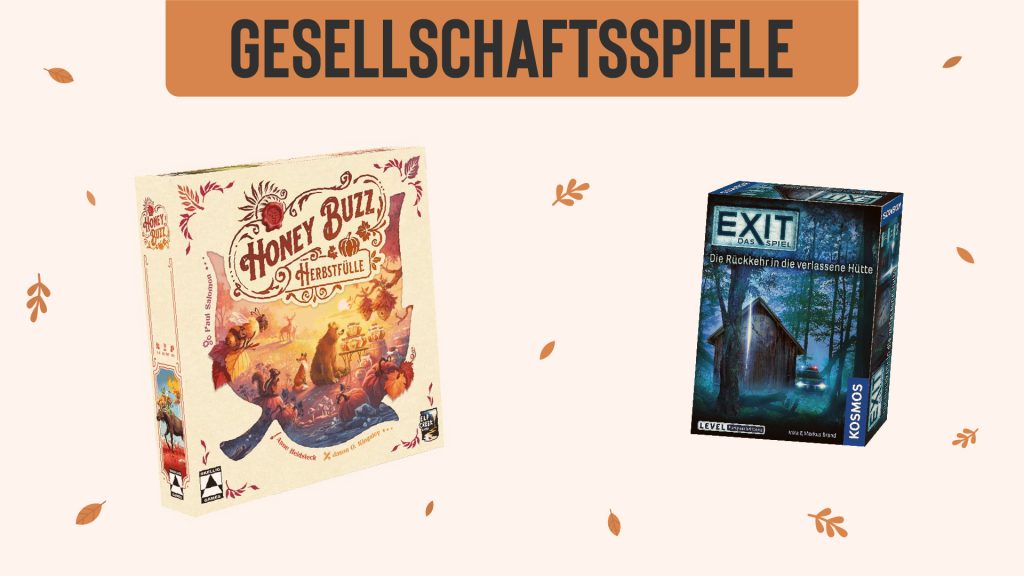 Darstellung von zwei Gesellschaftsspielen. Einerseits die Herbstfülle Erweiterung für Honey Buzz und andererseits das EXIT Spiel Die Rückkehr in die verlassene Hütte.