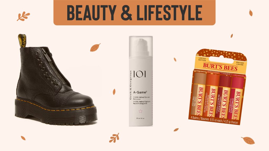 Herbst-Wishlist mit Produkten aus dem Bereiche Beauty und Lifestyle. Dr. Martens Sinclair Stiefel, Geek & Gorgeous 101 A-Game 5 Serum und Burt's Bees Herbst-Lipbalms.