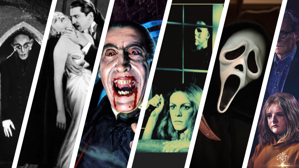 Darstellung der Entwicklung des Horror-Genres im Kino. V. l. n. r. Nosferatu (1922), Dracula (1931), Dracula (1958), Halloween (1978), Scream (1996) und Hereditary (2018).